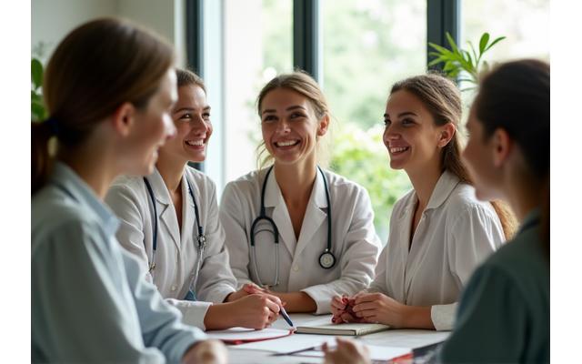A diverse group of wellness experts in a professional setting, engaged in discussion, representing opportunities for expert contributors.