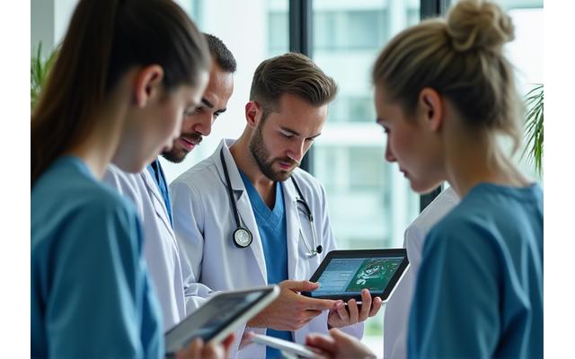 Healthcare professionals collaborating and reviewing patient data on tablets, representing healthcare provider partnerships.